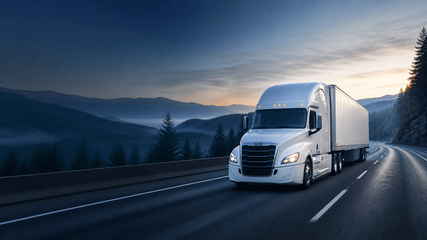 Modern dry-van truck traveling through the Pacific Northwest