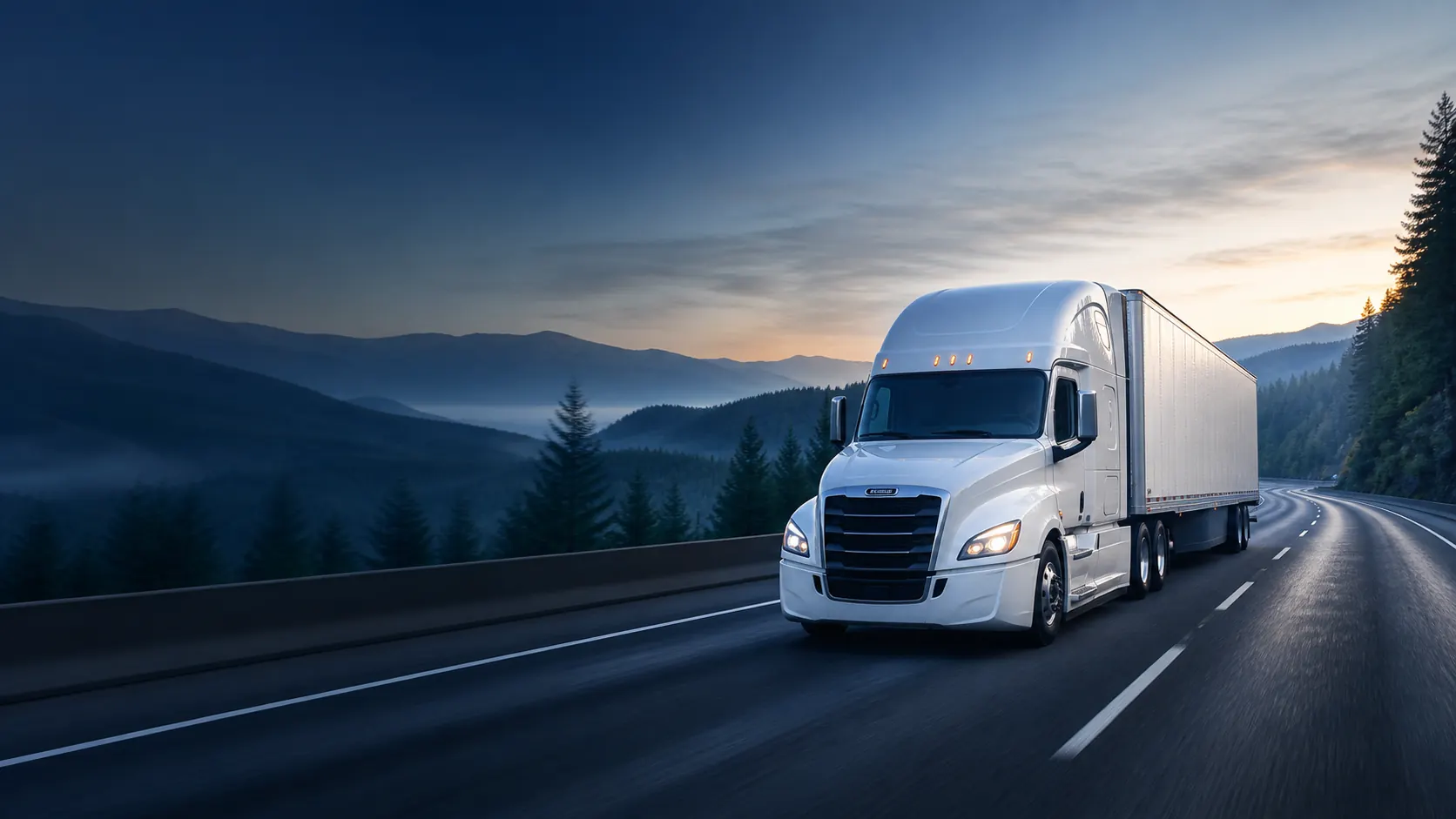 Modern dry-van truck traveling through the Pacific Northwest